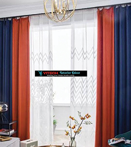 Navy Blue mixed with Orange Plitted curtain with hooks and shear